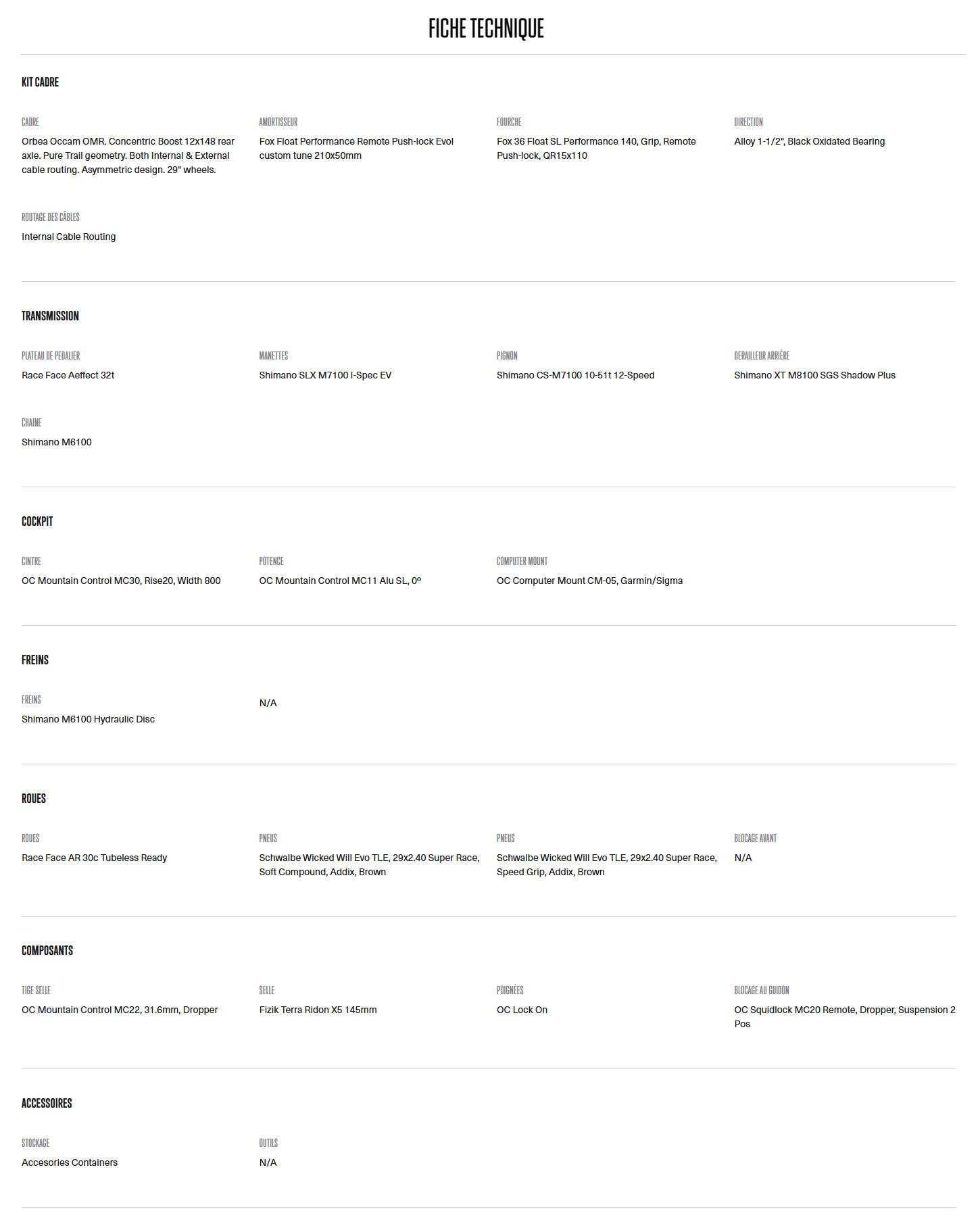 Caracteristique technique du Occam SL M30 année 2025
